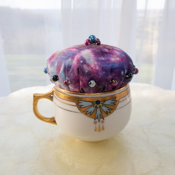 Galaxy Teacup Pincushion Hand Sewn With Craft Pearls Upcycled Austrian Cup NWOT - Picture 8 of 15
